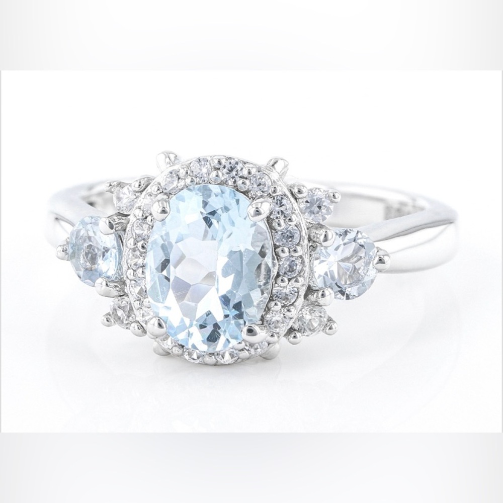 Blue Oval Aquamarine Rhodium Over Sterling Silver Ring 1.37ctw
